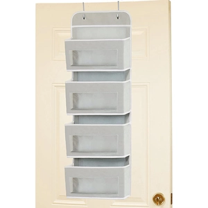 Detail view of 4-tier wall-mounted gray storage organizer with clear windows and hooks