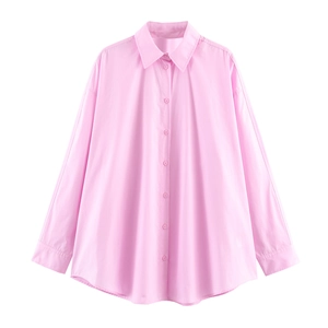 Women Pink Long Sleeve Lapel Blouse Shirt Solid Color Loose Fit Polyester Single Breasted Fashion Tops