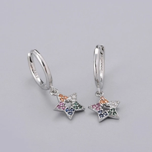 Detailed view of S925 silver star earrings with colorful zircon stones and hallmark