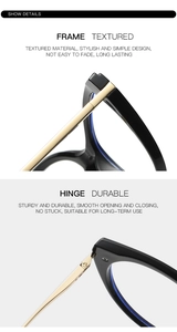 Detail view of black TR90 cat-eye frames with durable gold metal spring hinges