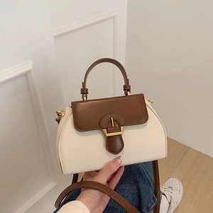 Detail of a vintage two-tone crossbody bag with cream leather and golden horseshoe buckle