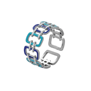 Elegant adjustable square link open ring with blue and white enamel drip oil finish