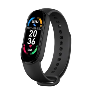 Smart fitness tracker in black with color screen showing heart rate and daily steps data