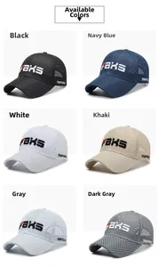Close-up of mesh baseball cap options in black, navy, white, khaki and grey for summer