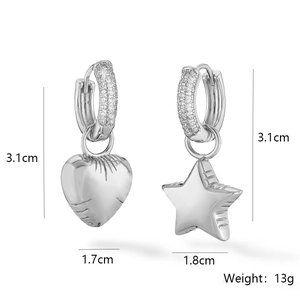 Detailed view of zircon-studded star and heart drop earrings with dimensions and weight