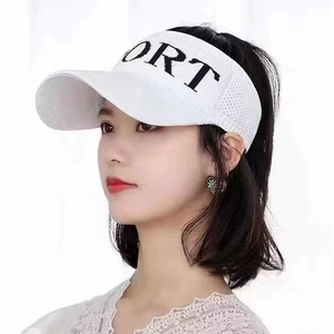 Close-up of white knitted sun hat featuring black SPORT lettering and breathable texture