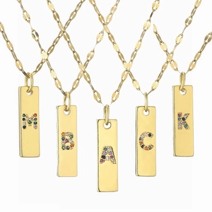 Alphabet Initial Letter Pendant Necklace Copper Gold Plated Colorful Zircon Rectangle Pendant Minimalist Fashion Jewelry
