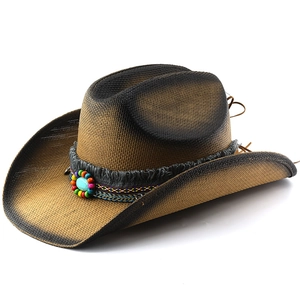 Chapeau de cowboy en paille style western avec bande ethnique turquoise et dégradé