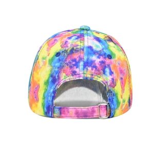 Colorful tie-dye baseball cap with metal buckle closure and six-panel structure