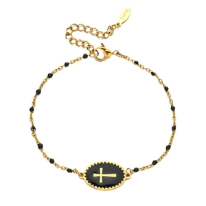 Gold stainless steel chain bracelet with black beads and enamel cross pendant charm