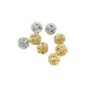 Hollow round spacer beads in gold and silver plating with white zircon micro-inlay stones