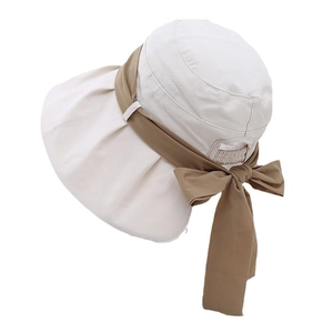 Chapeau de soleil beige à large bord pour femme avec ruban et nœud anti-UV