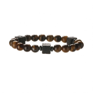 Tiger eye and lava stone beaded bracelet with square stones on white background