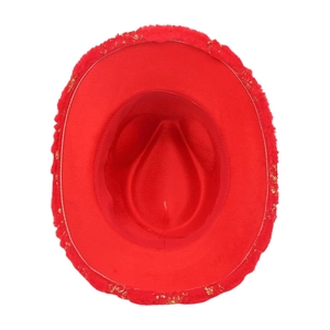 Festive red Christmas cowboy hat with gold tinsel, faux fur trim and snowflake details