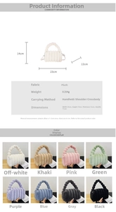 Detailed size chart and multi-color collage of plush handbags in various candy colors