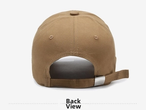 Back view of khaki cotton baseball cap with adjustable metal buckle and canvas strap