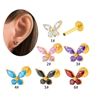 Titanium Alloy Butterfly Labret Stud Internal Thread Cubic Zirconia Cartilage Piercing Jewelry Flat Back Earring Fashion