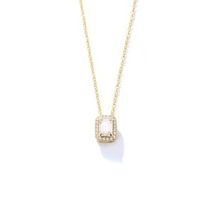 Elegant gold necklace with emerald-cut zircon pendant in a halo diamond-studded setting