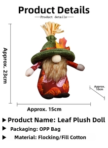 Detailed size chart of autumn gnome plush with fall leaf patterns and dimensions