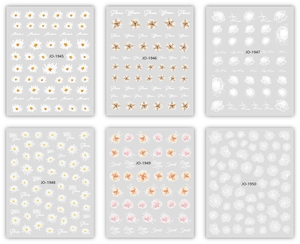 Detailed set of 6 thin adhesive nail stickers featuring white daisy and floral patterns