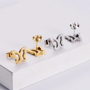 Exquisite hollow butterfly stud earrings in gold and silver finish made of titanium steel