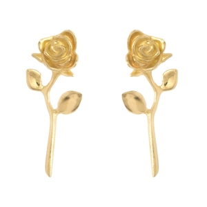 Close-up detail of golden rose stud earrings showing realistic petals and stems