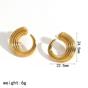 Minimalist gold C-shaped stainless steel textured earrings with striped pattern design