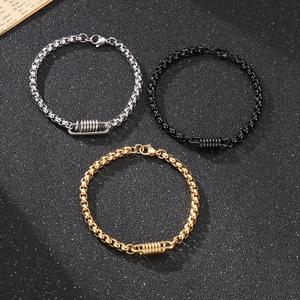 Bracelet Punk En Acier Inoxydable Pour Hommes Chaîne À Boîte Carrée Bobine À Ressort Centrale Bijoux Géométriques