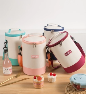 Detailed view of insulated cylindrical lunch bags with shoulder straps in various colors