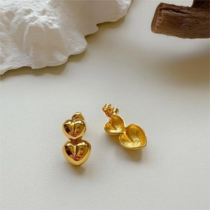 Minimalist double layered gold heart stud earrings in 925 sterling silver for women
