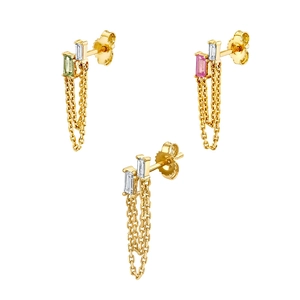 Detail of S925 silver chain earrings with baguette-cut emerald and pink stones
