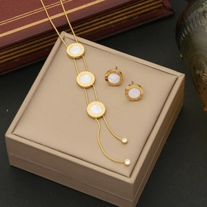 Gold stainless steel shell heart jewelry set with Roman numerals and tassel necklace