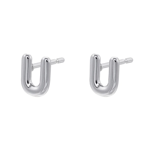 Polished silver U-shaped metal stud earrings with a glossy minimalist finish