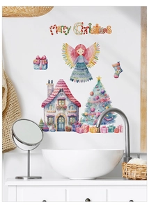 Watercolor Christmas wall stickers with snowy house and tree in a cozy room setting