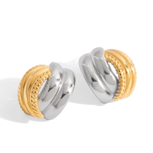 Two-tone 18K gold plated stainless steel C-hoop earrings with twisted rope texture
