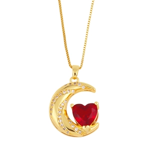 Gold moon and red heart gemstone pendant necklace with cubic zirconia on box chain