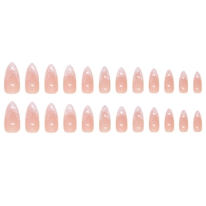 Unghie finte a mandorla stile francese, base rosa con venature marmo bianco, set da 24 pezzi