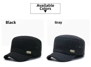 Detail of men's winter flat caps in black and gray wool blend with ear flaps and metal plaques