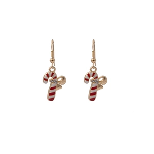 Detail view of red and white candy cane earrings with golden bows and clear crystals