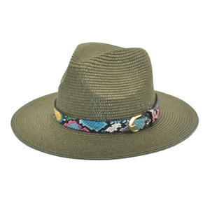 Close-up of olive green straw fedora with colorful patterned band and gold buckle