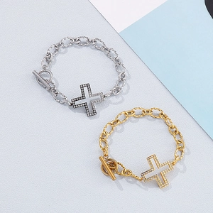 Punk style cross pendant bracelets with toggle clasp in gold and silver finish