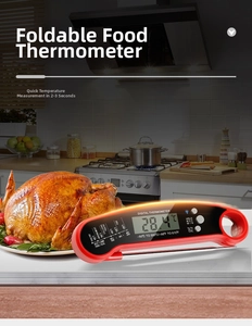 Foldable digital meat thermometer with stainless steel probe and LCD display for cooking