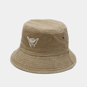 Khaki cotton bucket hat with finger embroidery and side metal eyelets for outdoor sports