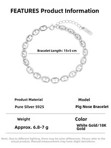 Detailed specs of S925 sterling silver pig nose chain bracelet with 15+5cm length