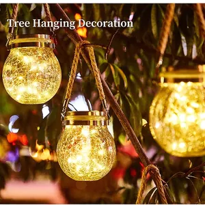Solar powered crackle glass hanging lanterns with warm LED lights and jute rope handle