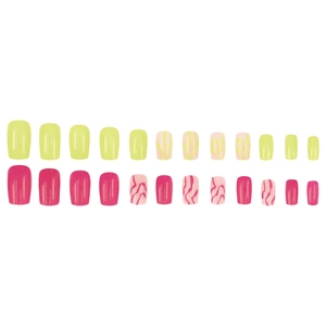 Set of 24 press-on nails featuring vibrant neon green, rose pink, and wavy patterns