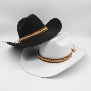 Classic wide-brim western cowboy wool felt hats with woven decorative bands in black and white