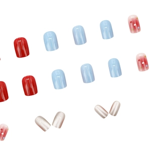 Short square press-on nails with colorful matte and pearlescent bead designs