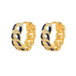 Detail shot of gold S925 sterling silver chain hoop earring with blue enamel and zircon