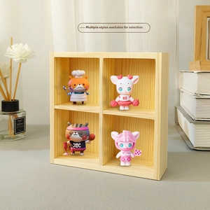 Detail view of a 4-grid wooden organizer shelf showcasing various cartoon figurines